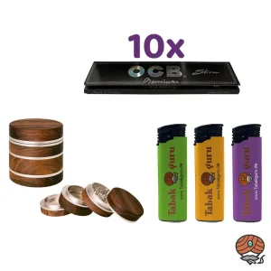 10 x OCB Schwarz Premium Long Papers + Super Heroes Kräutermühle Holz / Metall, 60mm