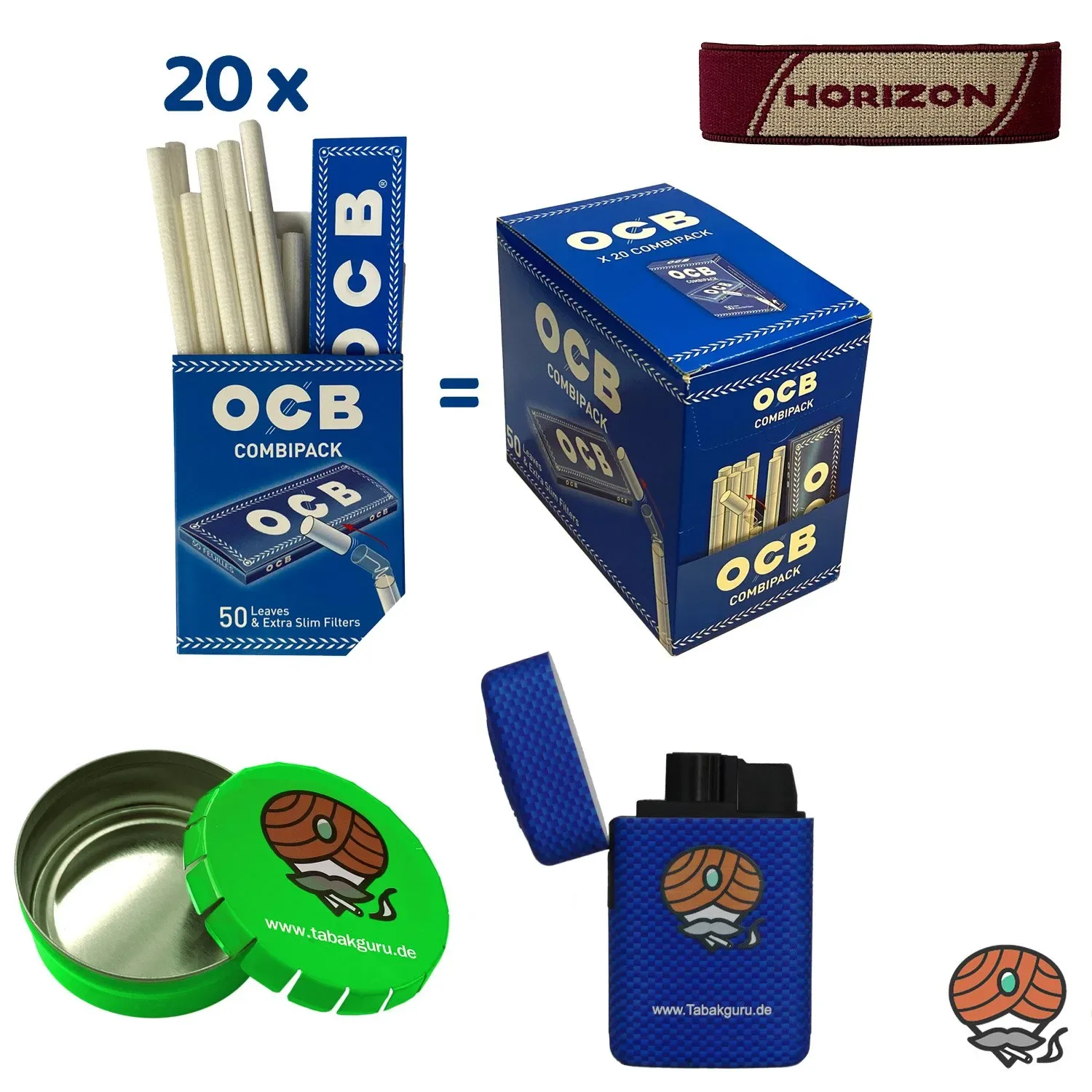 20x OCB BLAU COMBIPACK: 50 Blättchen + 50 Extra Slim Filter + viel Zubehör