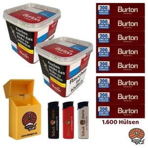 2x Burton Red Volumentabak MEGA Box à 270g, 1600 Hülsen, Feuerzeuge, Box