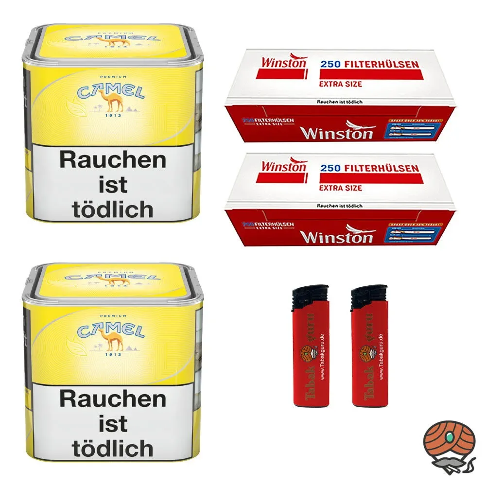 2x Camel Yellow Feinschnitttabak Dose à 56g + 500 Winston Extra Hülsen + 2 Feuerzeuge