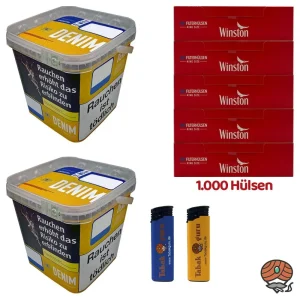 2x Denim Volumentabak Mega Box / Eimer 220g + 1000 Winston Hülsen + 2 Feuerzeuge