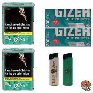 2x Elixyr M-TYPE Tabak Dose à 102g Zigarettentabak, Gizeh Menthol Extra Hülsen, Feuerzeuge