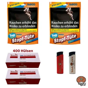 2x Fargo Stopf-Tüte Volumentabak Beutel à 52g, Winston Hülsen, Feuerzeuge