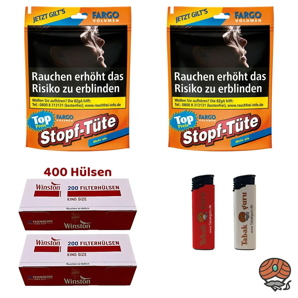 2x Fargo Stopf-Tüte Volumentabak Beutel à 52g, Winston Hülsen, Feuerzeuge