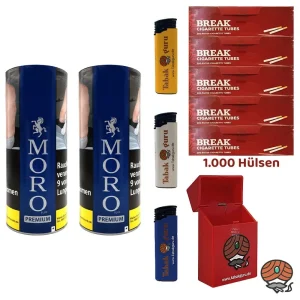 2x Moro Blau PREMIUM Feinschnitt-Tabak Dose à 260g, Break Hülsen, Zubehör