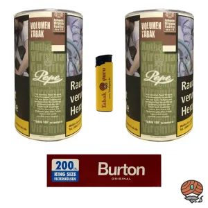 2x Pepe Rich Green Tabak/Volumentabak Dose à 83g, 200 Burton Hülsen, Feuerzeug