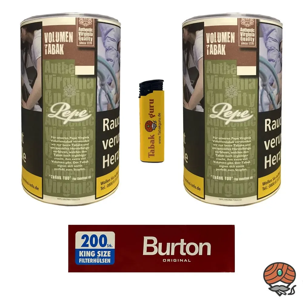 2x Pepe Rich Green Tabak/Volumentabak Dose à 83g, 200 Burton Hülsen, Feuerzeug