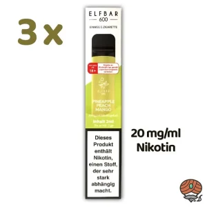 3 x ELFBAR E-Shisha PINEAPPLE PEACH MANGO *20mg/ml Nikotin* 600 Züge, Einweg-E-Zigarette