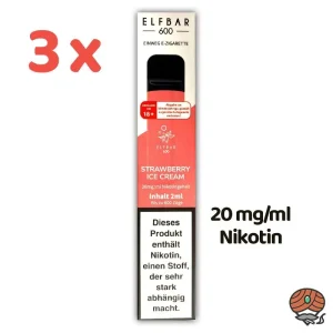 3 x ELFBAR E-Shisha STRAWBERRY ICE CREAM *20mg/ml Nikotin* 600 Züge, Einweg-E-Zigarette