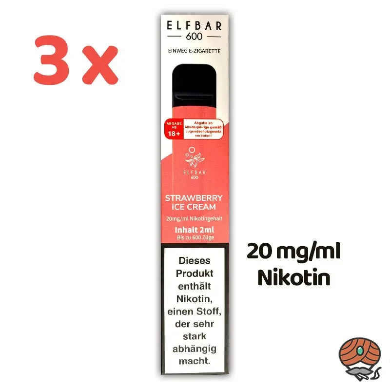 3 x ELFBAR E-Shisha STRAWBERRY ICE CREAM *20mg/ml Nikotin* 600 Züge, Einweg-E-Zigarette