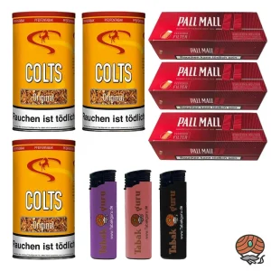 3x Colts Original Pfeifentabak 170g Dose + 600 Pall Mall Red Hülsen + 3 Feuerzeuge