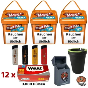 3x Fargo Stopf Box à 420g Volumentabak, 3000 West Red Extra Hülsen, Zubehör