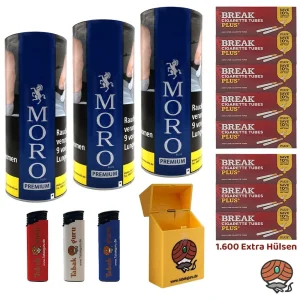 3x Moro Blau PREMIUM Feinschnitt-Tabak Dose à 260g, Break Plus Hülsen, Zubehör