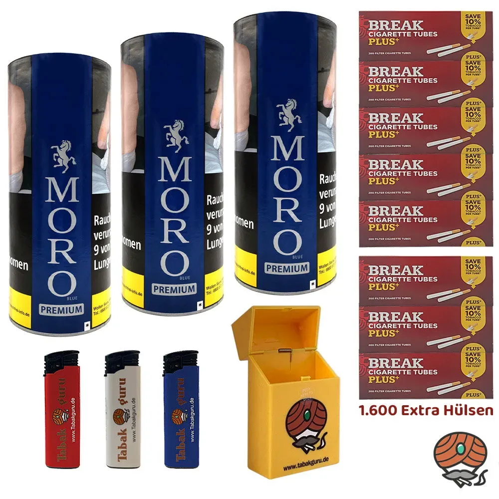3x Moro Blau PREMIUM Feinschnitt-Tabak Dose à 260g, Break Plus Hülsen, Zubehör