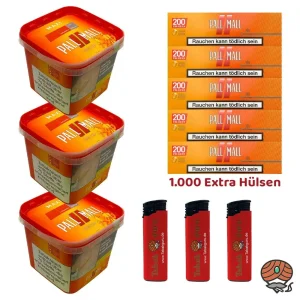 3x Pall Mall Allround Maxi Box à 260g Volumentabak, Allround Xtra Hülsen, Feuerzeuge