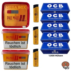 3x Pall Mall Allround Mega Box Tabak à 120g, OCB Hülsen, Feuerzeuge