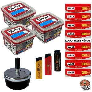 3x West Red Tabak/Volumentabak Giga Box à 170g, 2000 Extra Hülsen, Drehascher