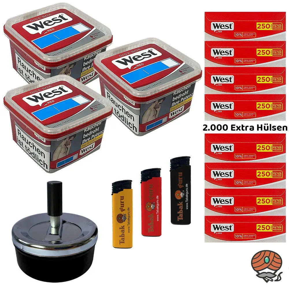 3x West Red Tabak/Volumentabak Giga Box à 170g, 2000 Extra Hülsen, Drehascher