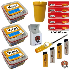 3x West Yellow Volumentabak Mega Box à 110g + West Red Hülsen + Stabfeuerzeug