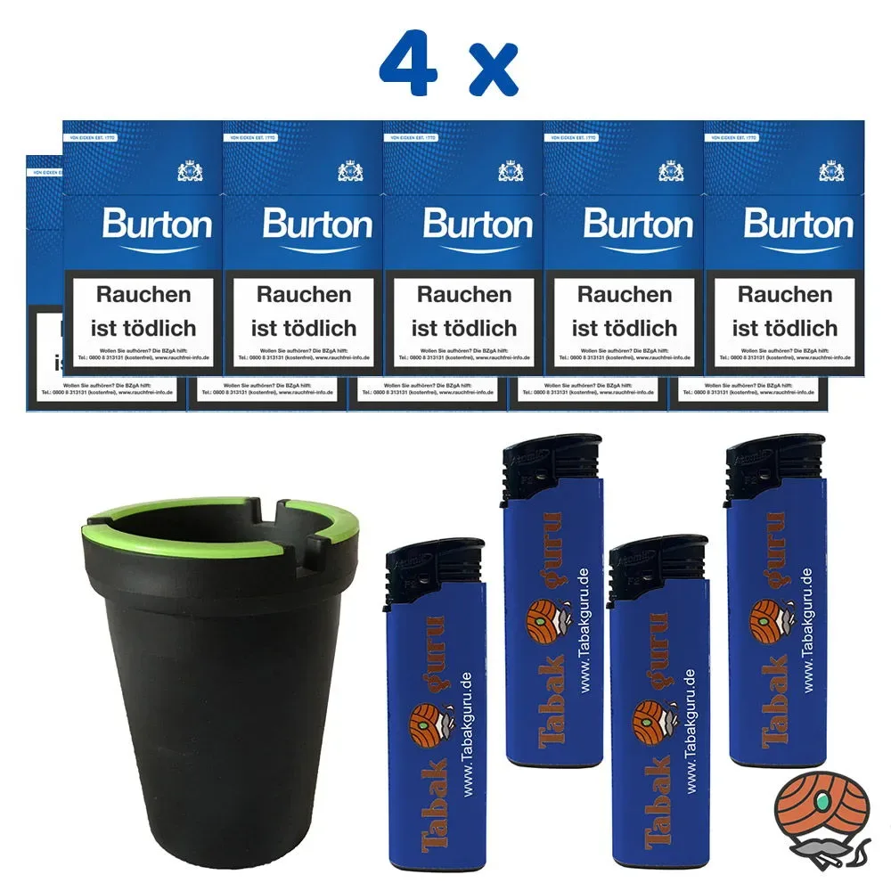 4 Stangen Burton Blue/Blau Filter Zigarillos (17 Stück / Schachtel) + Zubehör (Autoascher)