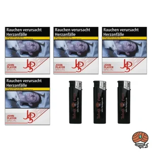 4 x JPS / John Player Special Red / Rot Zigaretten à 42 Stück + 3 Feuerzeuge