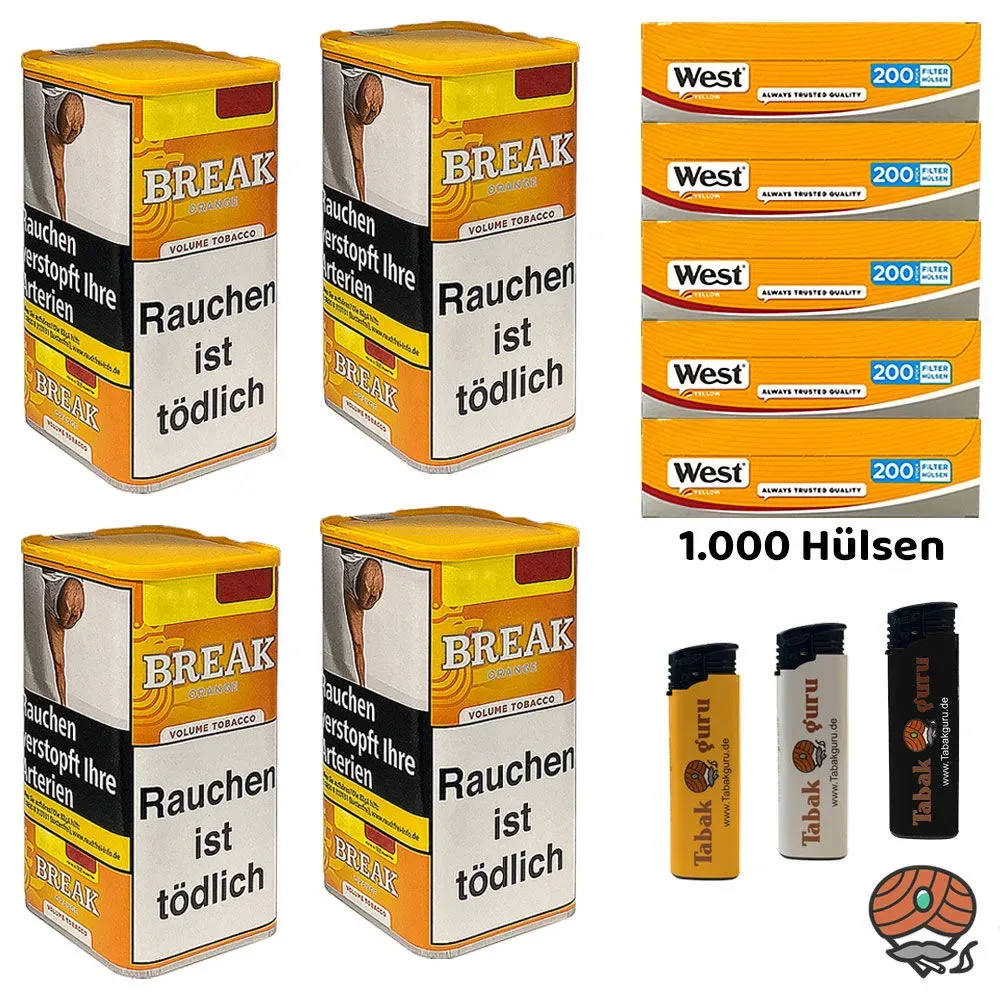 4x Break Orange Volumentabak Dose à 85g, West Yellow Hülsen, Feuerzeuge