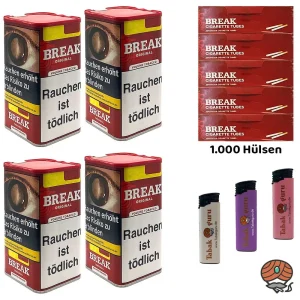 4x Break Original Volumentabak XXL Dose à 85g, Hülsen, Feuerzeuge