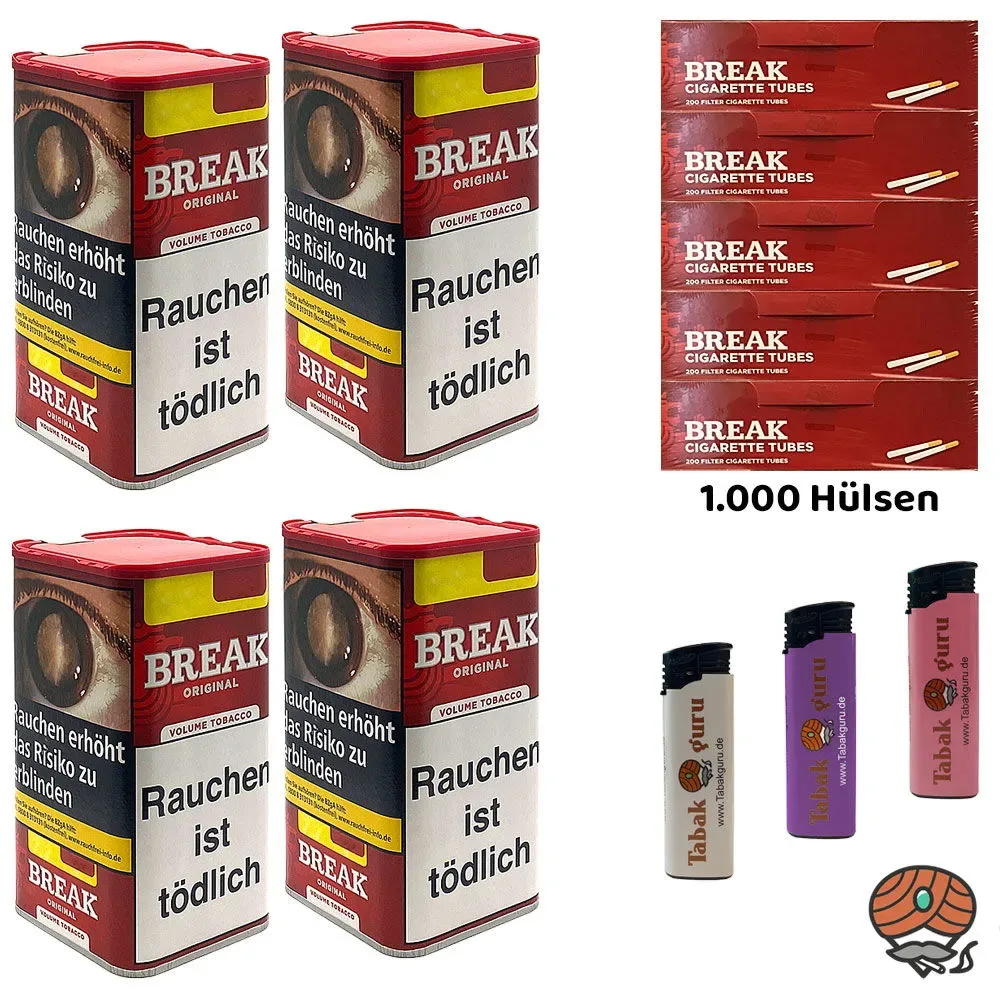4x Break Original Volumentabak XXL Dose à 85g, Hülsen, Feuerzeuge