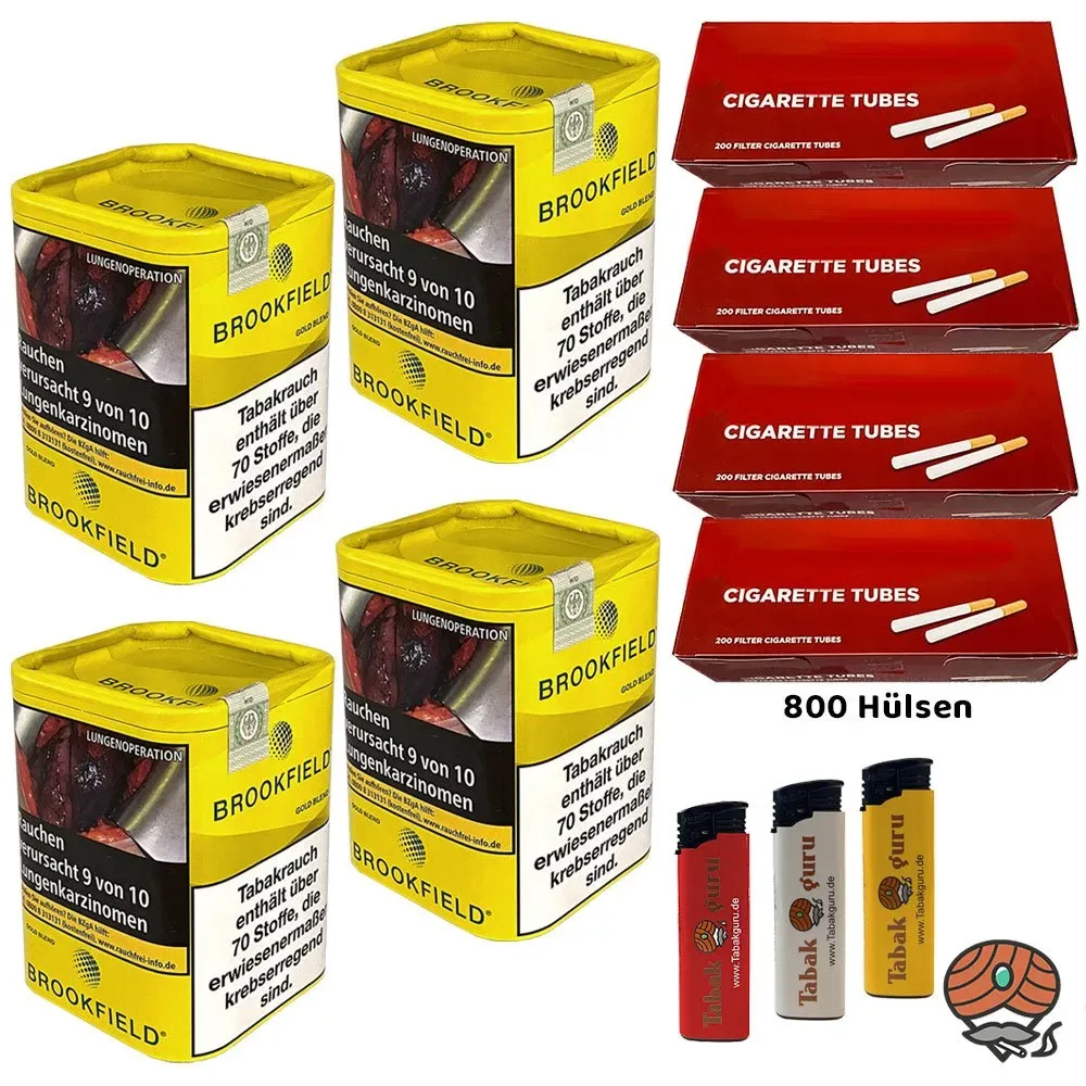 4x Brookfield Gold Blend Tabak Dose à 120g, 800 Hülsen, Feuerzeuge