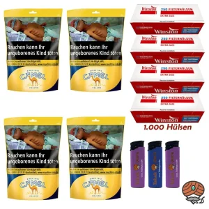 4x Camel Volumentabak Beutel à 96g + 1000 Winston Extra Hülsen + Zubehör