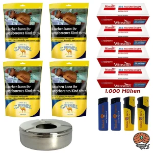 4x Camel Volumentabak Beutel à 96g + Winston Extra Hülsen + Windaschenbecher + Feuerzeuge