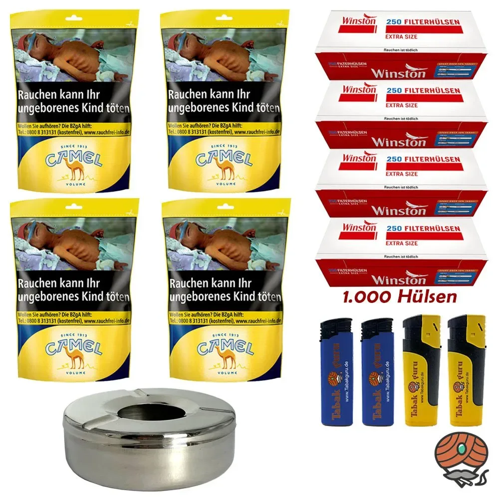 4x Camel Volumentabak Beutel à 96g + Winston Extra Hülsen + Windaschenbecher + Feuerzeuge