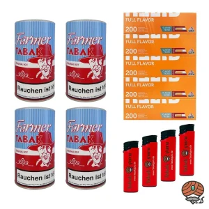 4x Farmer Original Rot Pfeifentabak à 160g + Gizeh Full Flavor Hülsen + Feuerzeuge
