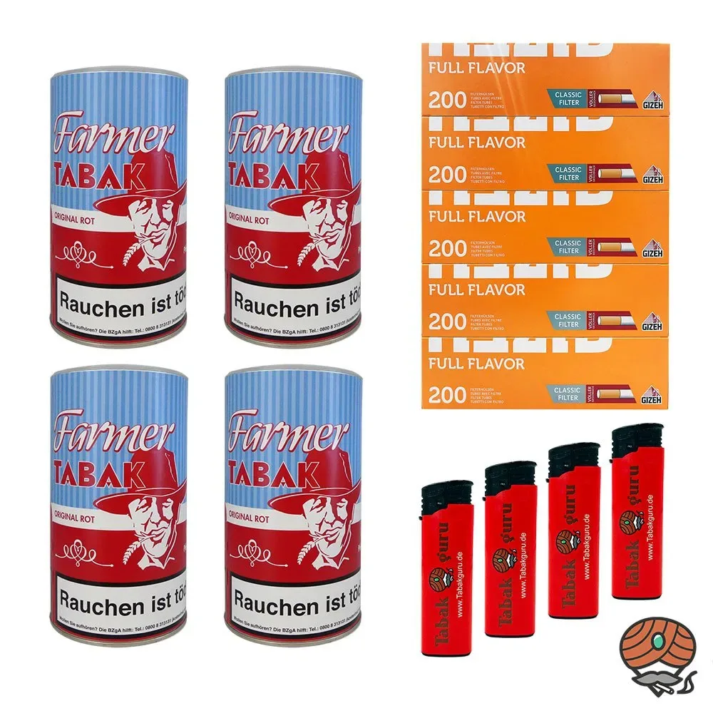 4x Farmer Original Rot Pfeifentabak à 160g + Gizeh Full Flavor Hülsen + Feuerzeuge