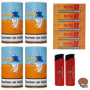 4x Farmer Pfeifentabak Dose à 160g, Pall Mall Allround Xtra Hülsen, Feuerzeuge