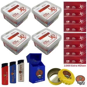 4x JPS John Player Special Volumentabak Mega Box à 100g, JPS Extra Hülsen, Feuerzeuge, Zubehör