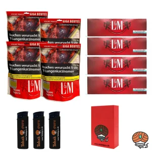 4x L&M Red/Rot Volumentabak Giga Beutel à 85g + 800 L&M Rot Hülsen + mehr