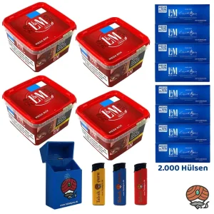 4x L&M Red/Rot Volumentabak Mega Box à 185g + 2000 L&M Blau Extra Hülsen + mehr