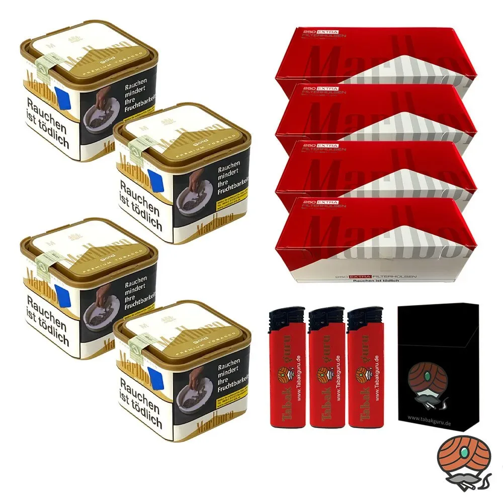 4x Marlboro Gold Tabak 70g M Dose + 4x Marlboro Rot Extra Filterhülsen + Zubehör