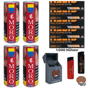 4x Moro Red/Rot Volumentabak Dose à 85g, Gizeh Full Flavor Extra Papier-Hülsen, Zubehör