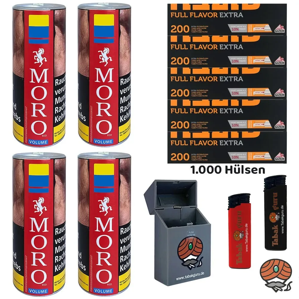 4x Moro Red/Rot Volumentabak Dose à 85g, Gizeh Full Flavor Extra Papier-Hülsen, Zubehör