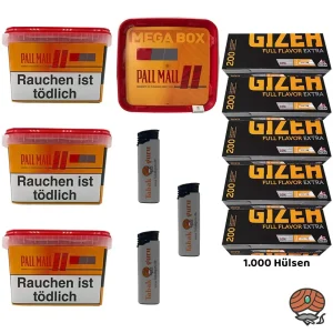 4x Pall Mall Allround Tabak Mega Box à 120g, Full Flavor Extra Papier-Hülsen, Feuerzeuge