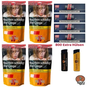 4x Pall Mall Allround Volumentabak Giga Beutel à 100g, 800 Pall Mall Red Xtra Hülsen