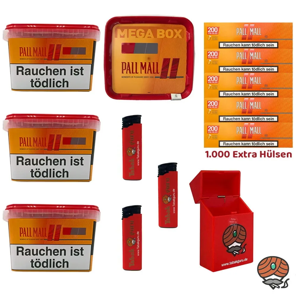 4x Pall Mall Allround Volumentabak Mega Box à 120g, Xtra Hülsen, 3 Feuerzeuge, Box