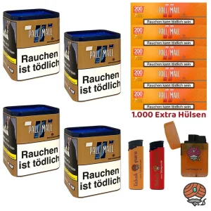 4x Pall Mall Authentic Blue/Blau Tabak Dose à 75g, Allround Xtra Hülsen, Feuerzeuge