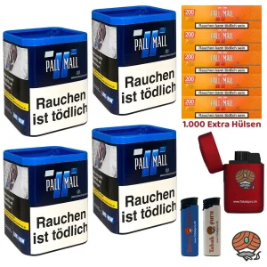 4x Pall Mall Blue/Blau Tabak Dose à 40g, Allround Xtra Hülsen, Feuerzeuge