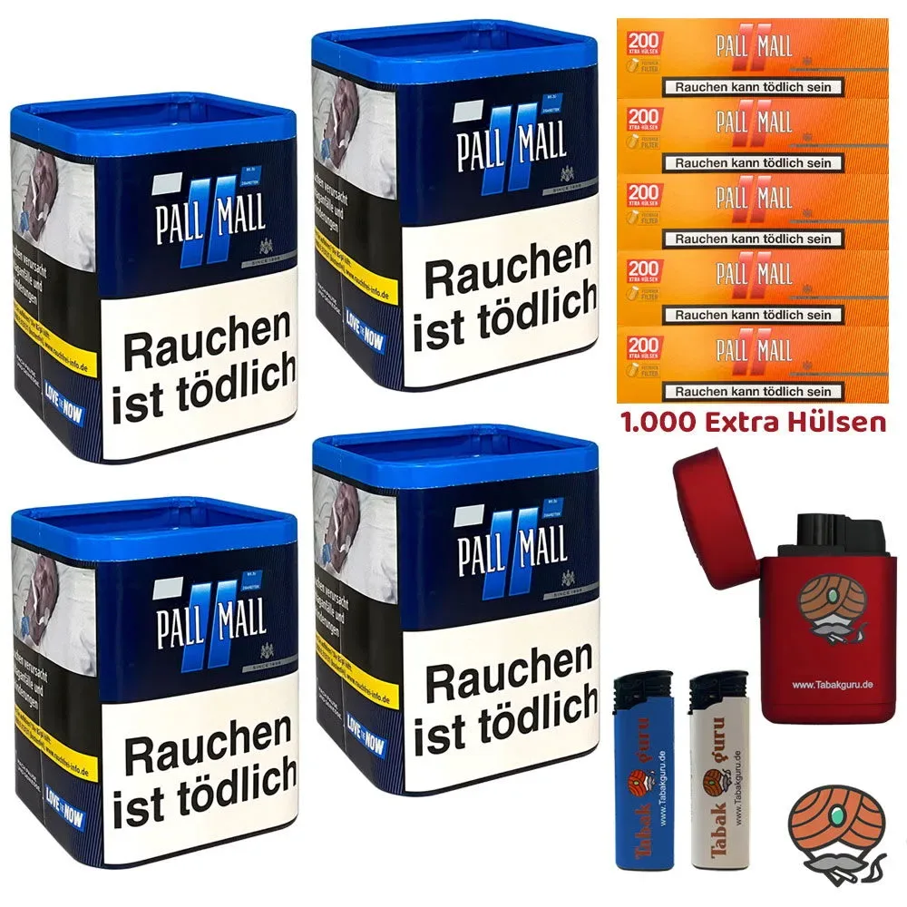 4x Pall Mall Blue/Blau Tabak Dose à 40g, Allround Xtra Hülsen, Feuerzeuge