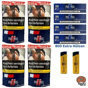 4x Pall Mall Red/Rot Volumentabak Giga Beutel à 100g + 800 Blue Xtra Hülsen + Feuerzeuge
