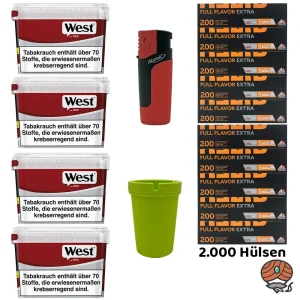 4x West Red/Rot Mega Box Volumentabak 115g + 2000 Gizeh Full Fl. Extra Papier-Hülsen + Zubehör