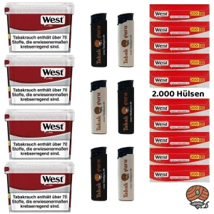 4x WEST Red/Rot Volumentabak Mega Box à 115g, 2000 West Hülsen, Feuerzeuge
